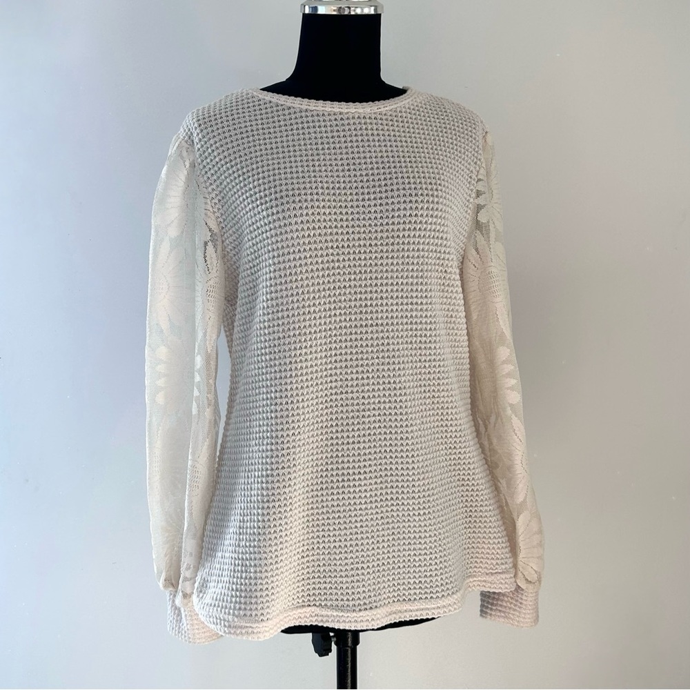 Cream Loose Knit Sweater w Lace Sleeves Crew Neck Sz L Long Sleeve